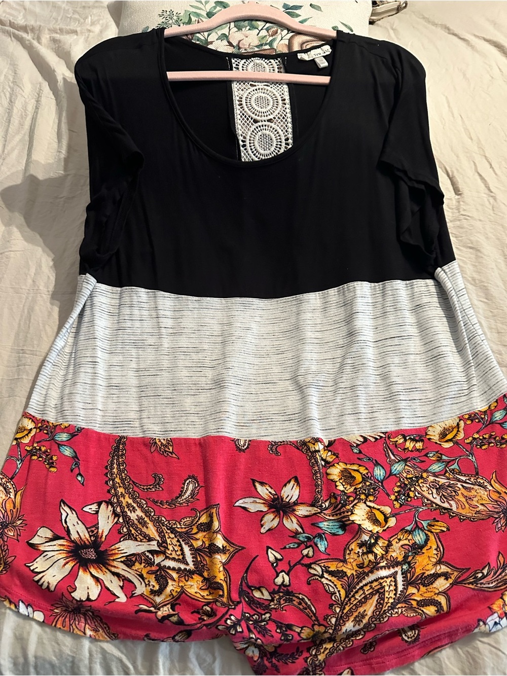 Black Scoop Neck Tunic with Gray Stripe and Pink Floral Hem